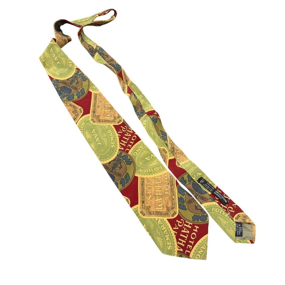 Emporio Armani Tie Mens OS Red Green Hotel Luggage Label Silk Made in Italy